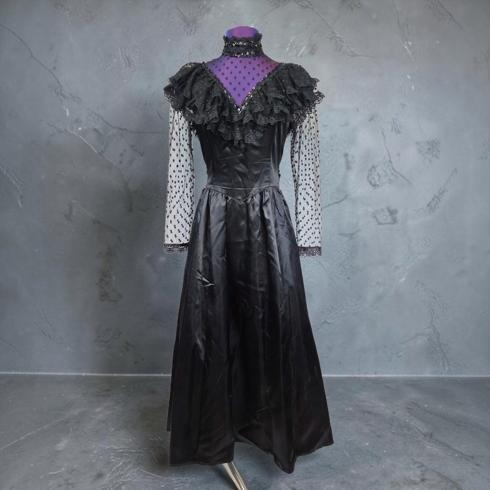 Vintage 80s Gothic Victorian Black Satin Lace Dress Sequin Ruffle Bow Size 9